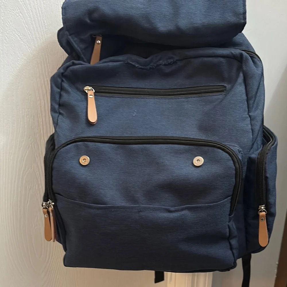 Mommy AND Baby Blue and Tan Backpack with Leather Accents